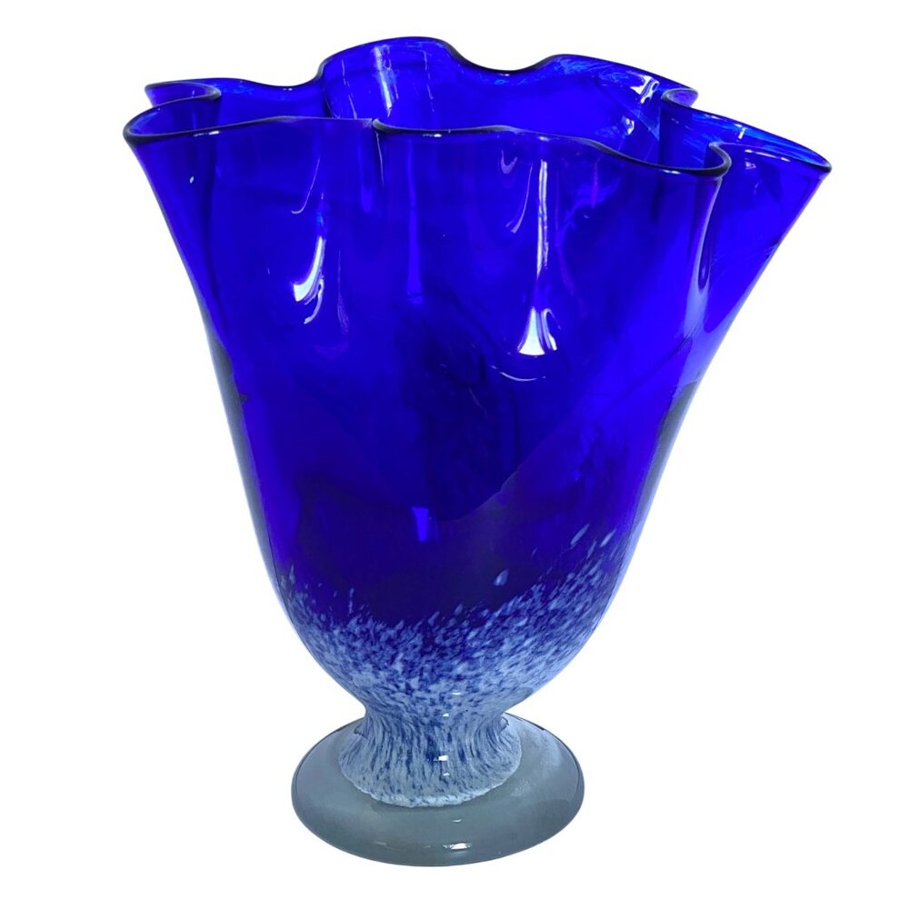 Mduca Cobalt Blue Art Glass Handkerchief Ruffle Edge Hand Blown Vase 10in Tall